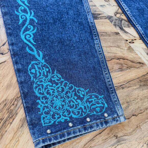 Cruel Girl, Women's 15, Low Rise Relaxed Fit Studded Turquoise Embroidered Jeans - Picture 9 of 13